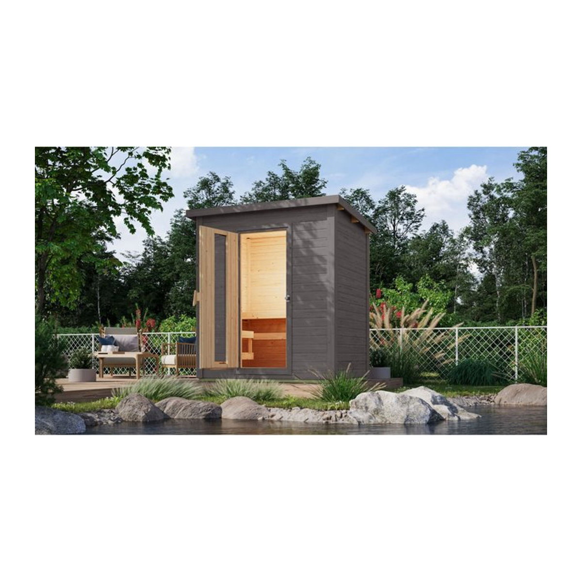 Karibu Saunahaus Melo 38mm mit 9 kW Ofen und integrierter Steuerung in Terragrau - Bild 1