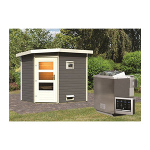 Karibu Saunahaus MIKKA aus Massivholz in Terragrau mit ISOGlas Klarglas und 9.0 kW BioKombiofen inkl. Steuergerät, B/T: 231 x 196 cm