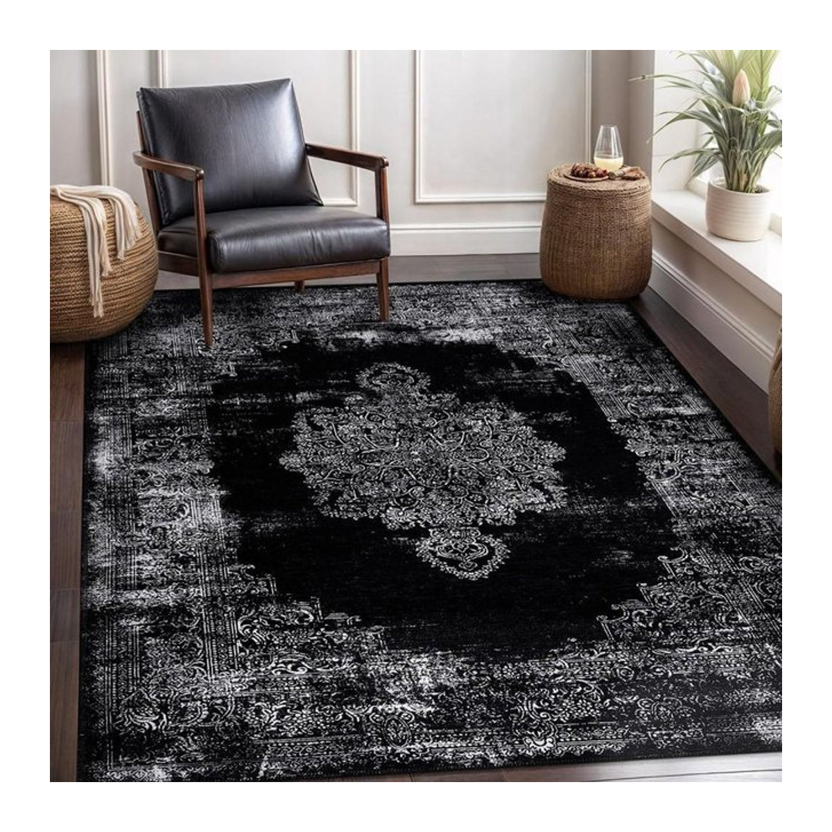 Karpetti Retro-ethnischer Perserteppich in Schwarz, Vintage Bodenmatte für Wohnzimmer und Schlafzimmer, B/B: 60 x 40 cm - Bild 1
