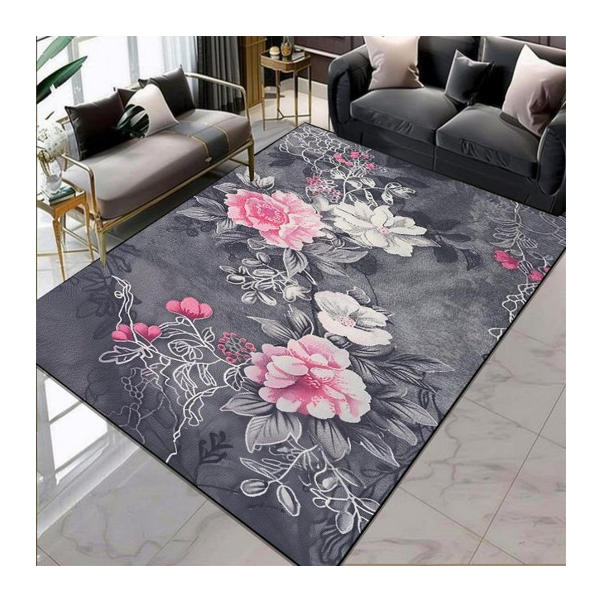 Karpetti Teppich mit Blumenmuster in Grau für Wohnzimmer und Lounge, B/B: 80 x 160 cm - Bild 1