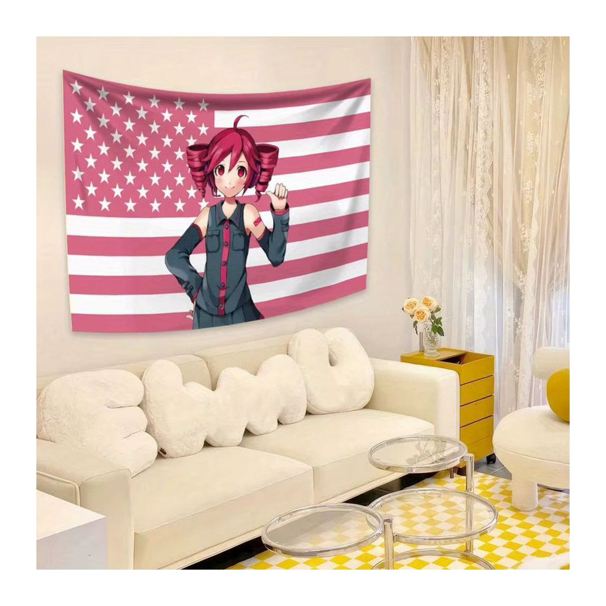 Kasane Teto Anime Wandbehang mit Amerikanischer Flagge in Rosa und Mehrfarbig, Textil Wandteppich im Querformat, Breite: 60 cm, Höhe: 40 cm - Bild 1