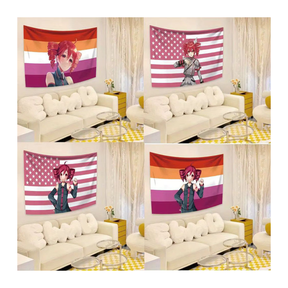 Kasane Teto Anime Wandbehang mit Amerikanischer Flagge in Rosa und Mehrfarbig, Textil Wandteppich im Querformat, Breite: 60 cm, Höhe: 40 cm - Bild 2