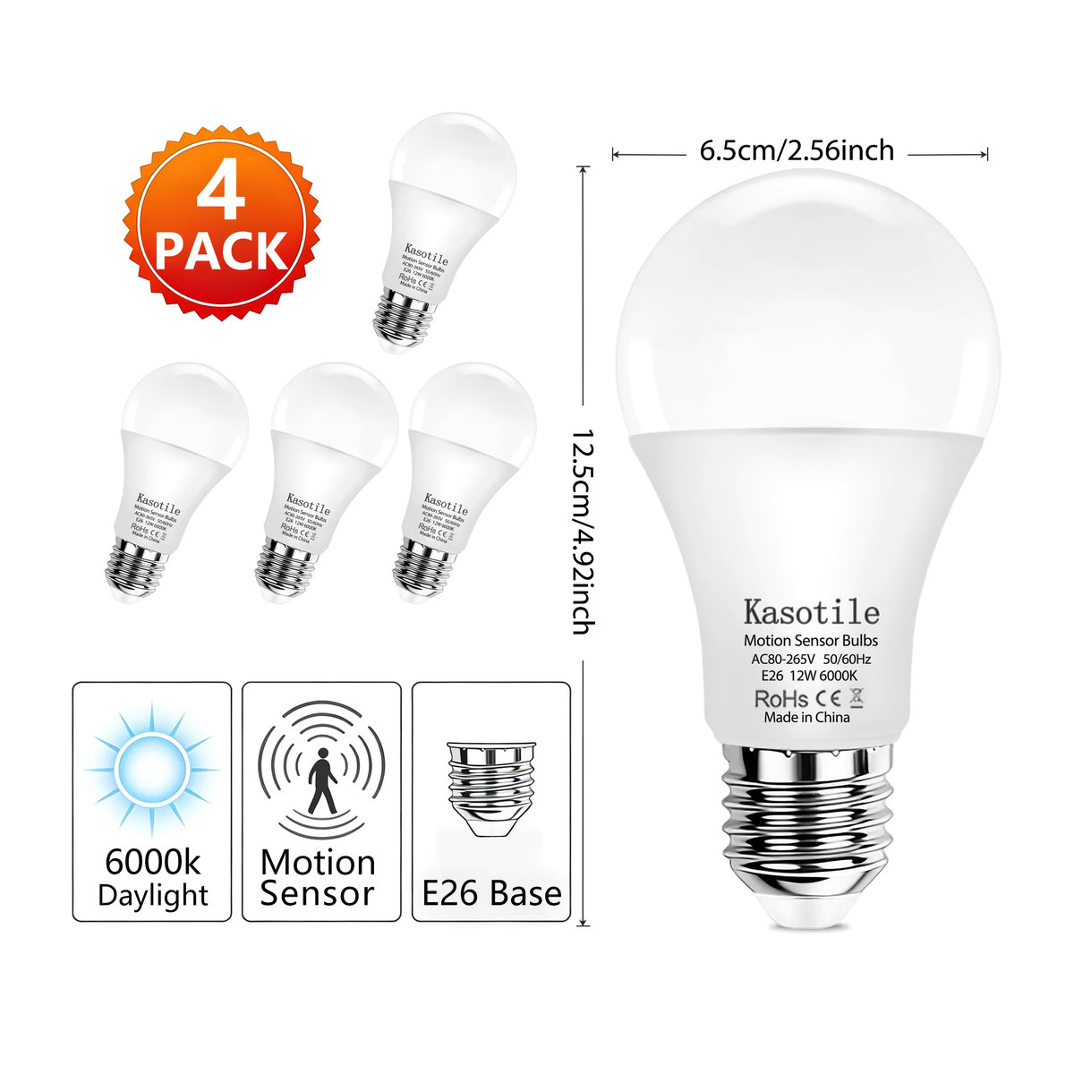 Kasotile 4er Set LED-Glühbirnen mit Bewegungssensor A21 12W Infrarot-Erkennung - Bild 2