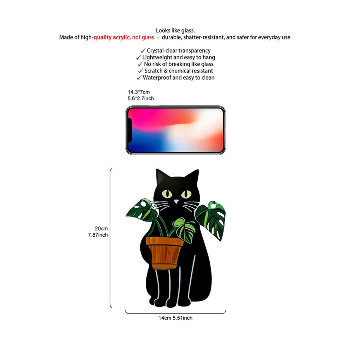 Katzen-Sonnenfänger aus Acryl in Weiß und Schwarz mit Topfpflanze als hängende Fensterdekoration - Bild 2