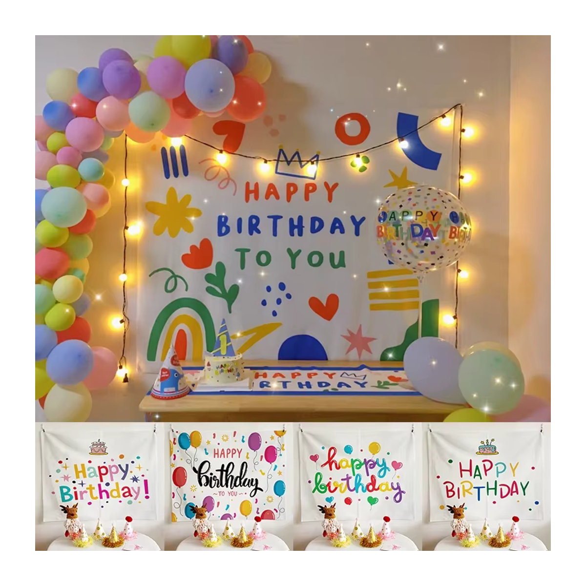 Kawaii Geburtstag Wandteppich in Weiß als Wanddekoration für das Kinderzimmer und als Fotografie-Hintergrund - Bild 4