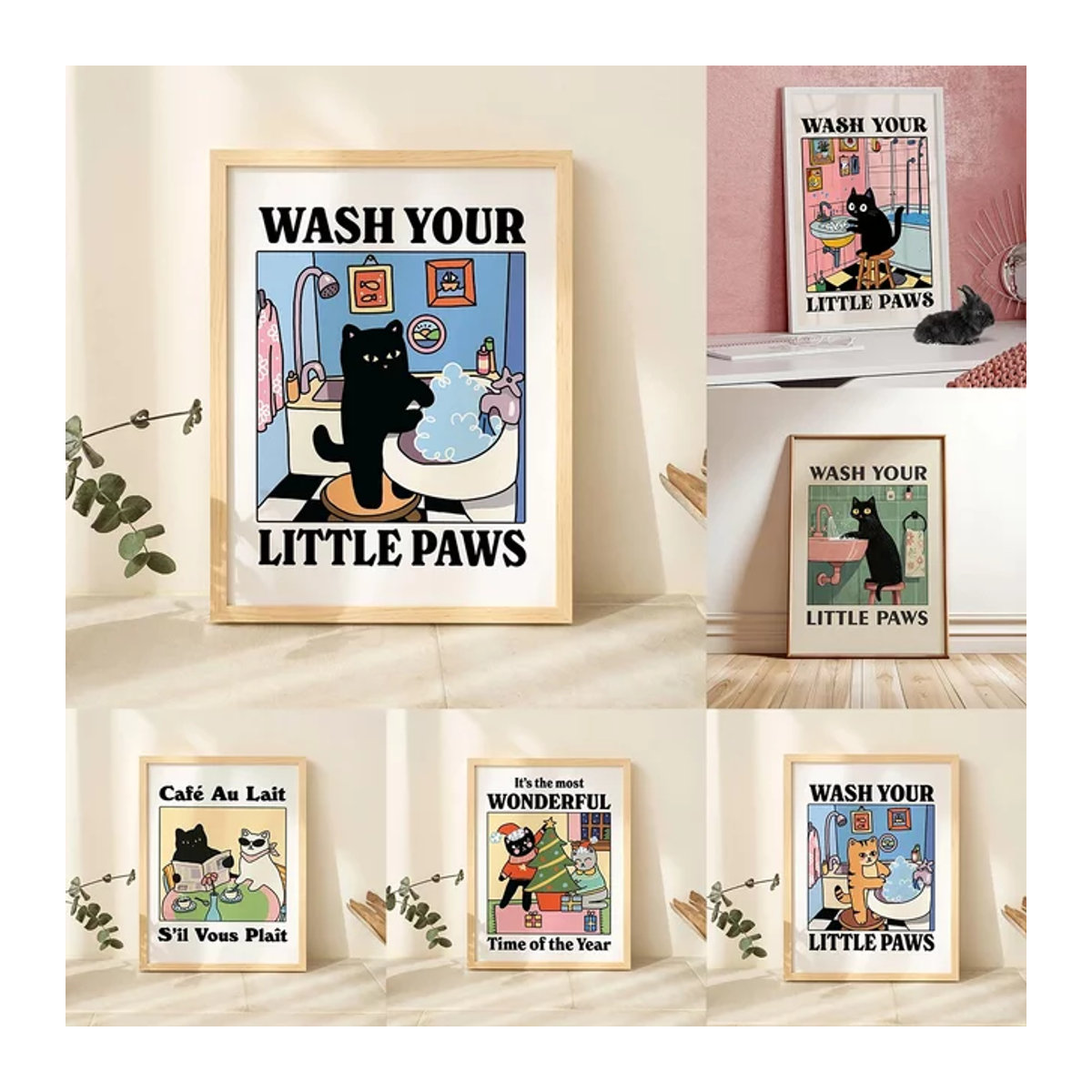Kawaii Katze waschende Pfoten Leinwanddruck von Potdemiel, mehrfarbige Wandkunst im Hochformat für Badezimmer, Kinderzimmer oder modernes Wohnzimmer - Bild 1