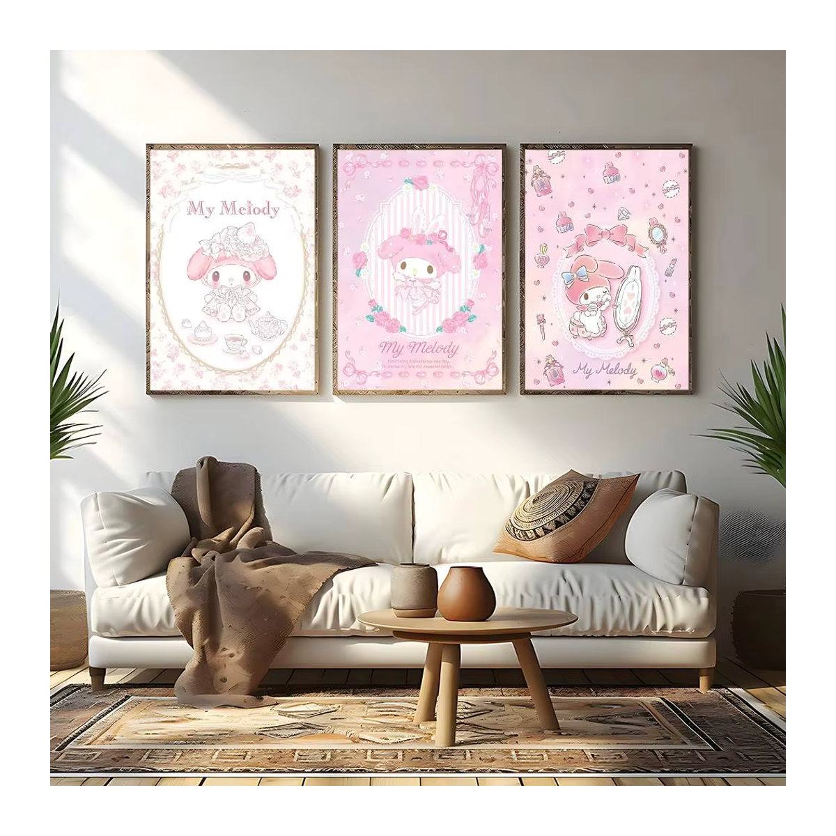 Kawaii My Melody Leinwandbild in Rosa, modernes Wanddekor im Hochformat für Kinderzimmer und Wohnzimmer, rahmenloses Textil-Poster mit floralem Design - Bild 2