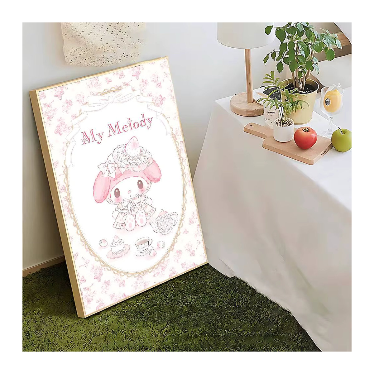 Kawaii My Melody Leinwandbild in Rosa, modernes Wanddekor im Hochformat für Kinderzimmer und Wohnzimmer, rahmenloses Textil-Poster mit floralem Design - Bild 3
