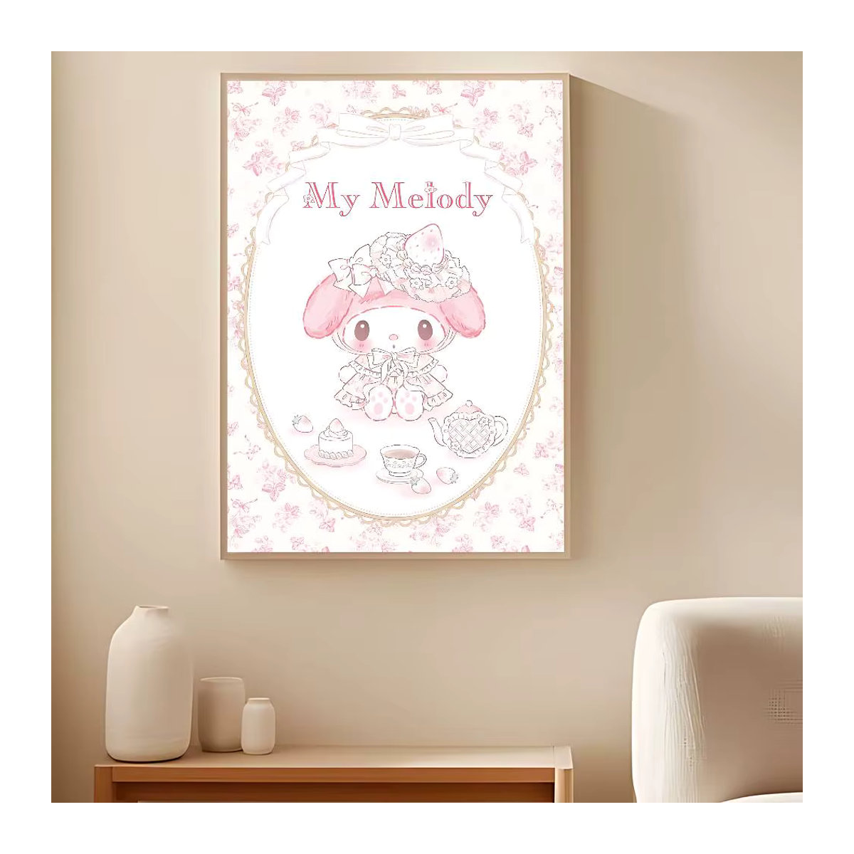 Kawaii My Melody Leinwandbild in Rosa, modernes Wanddekor im Hochformat für Kinderzimmer und Wohnzimmer, rahmenloses Textil-Poster mit floralem Design - Bild 4