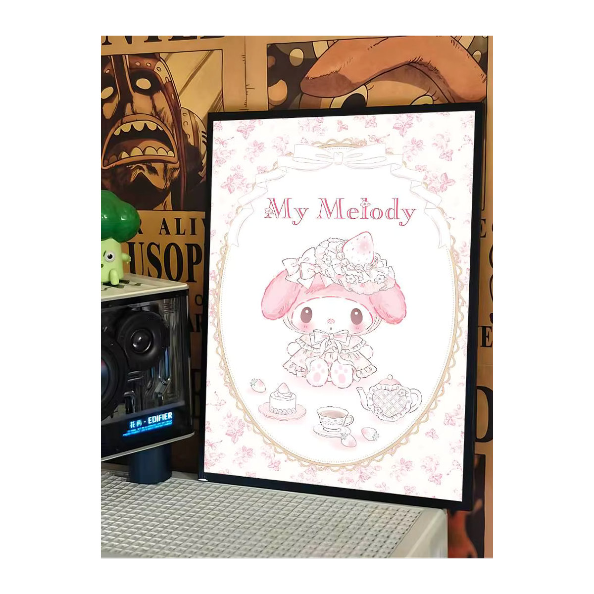 Kawaii My Melody Leinwandbild in Rosa, modernes Wanddekor im Hochformat für Kinderzimmer und Wohnzimmer, rahmenloses Textil-Poster mit floralem Design - Bild 5