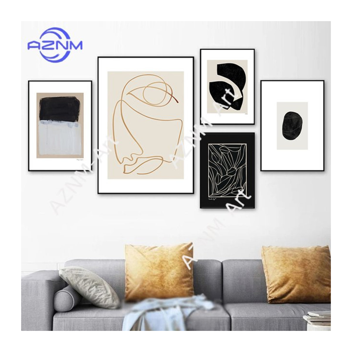 KAYOU Abstrakte Leinwand Wandkunst mit Linienfiguren in Schwarz, Weiß und Grau für deine Wohnzimmer Dekoration - Bild 1