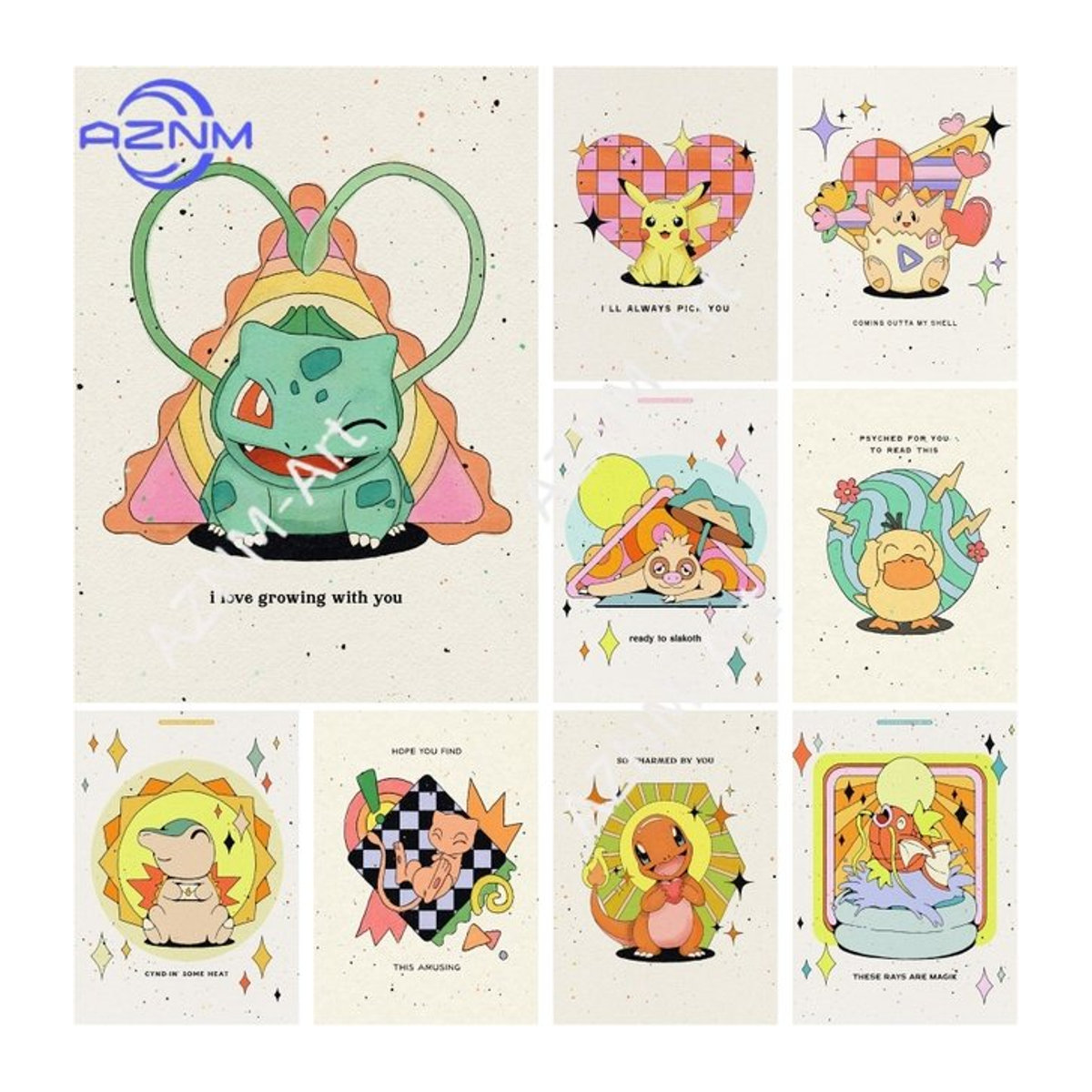 KAYOU Aquarell-Pokémon Wandbild mit Pikachu, Eevee und Glurak in Mehrfarbig, Rahmenlos und Rechteckig - Bild 1