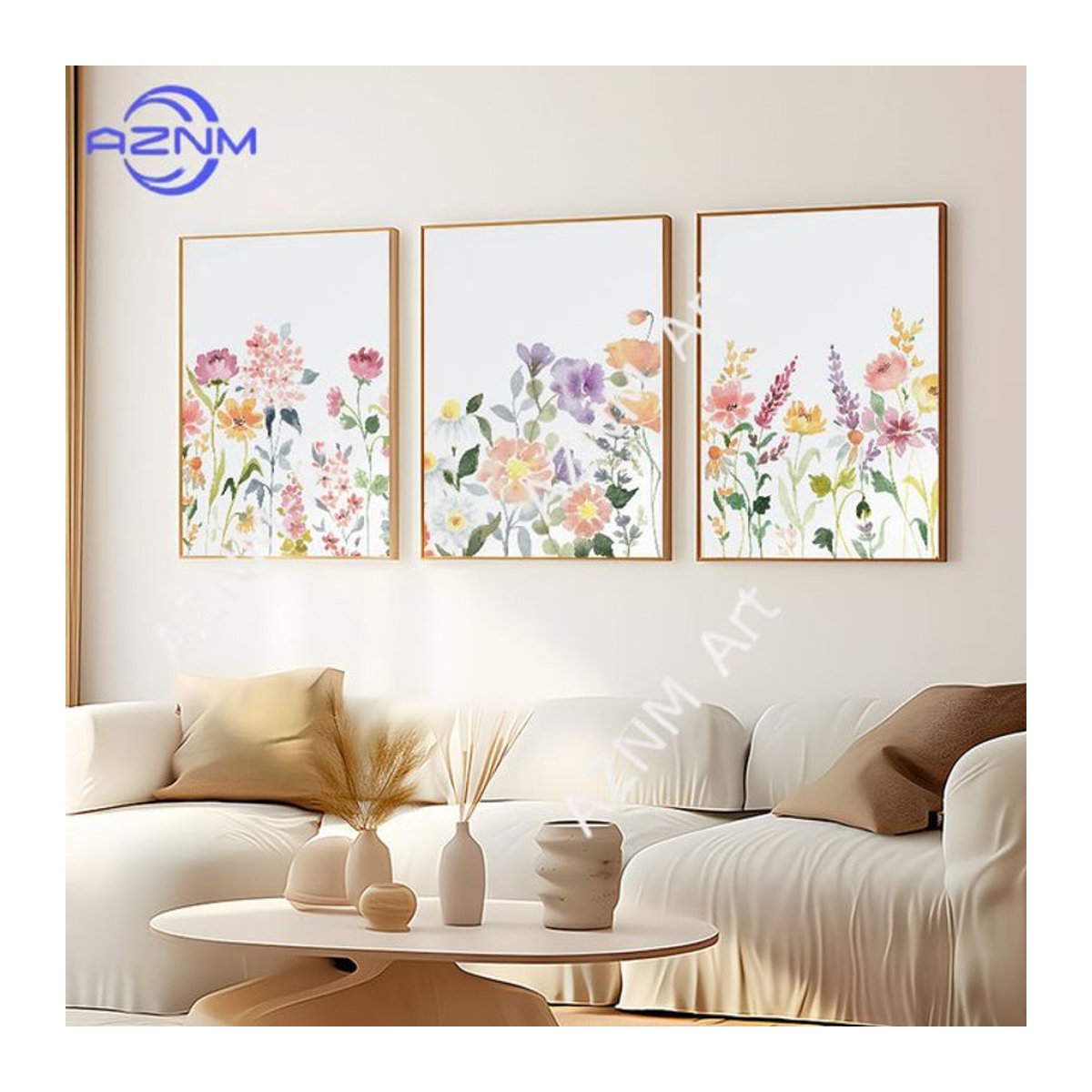 KAYOU Aquarell Wildblumen Wandkunst als botanisches Leinwandgemälde in Weiß im Boho-Stil - Bild 1