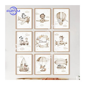 KAYOU Boho Tier Wandkunst Leinwand in Beige mit Löwe, Giraffe, Elefant, Waschbär und Panda für die Kinderzimmer Dekoration