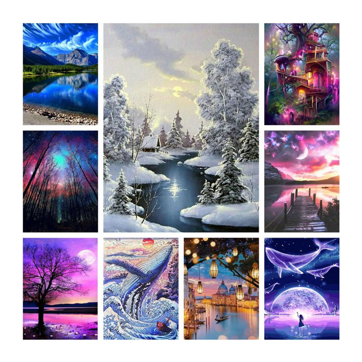 KAYOU Diamantmalerei 5D Mosaik Set Sonnenuntergang Ozean Landschaft mit Mond und Baum in Mehrfarbig, Rund - Bild 1