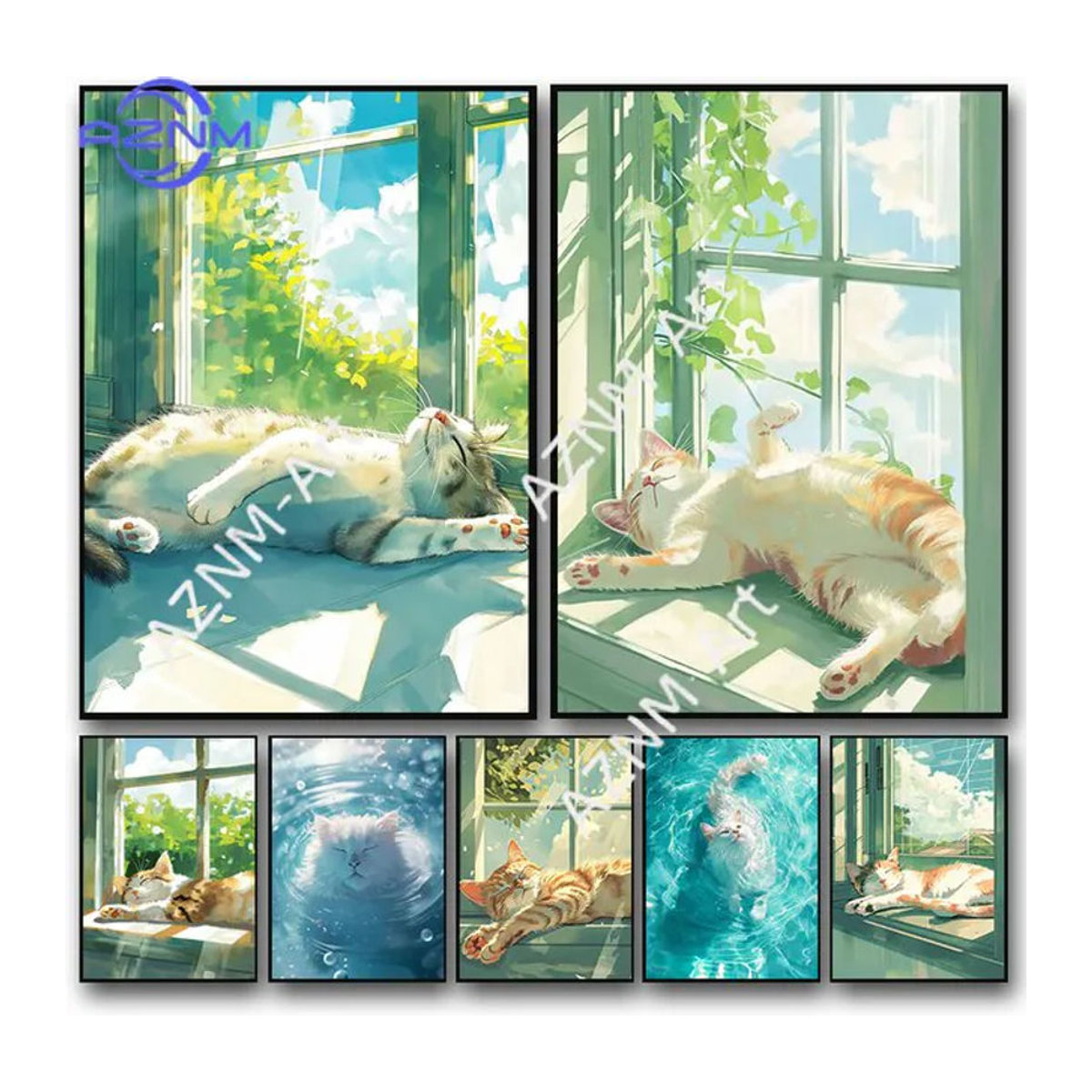 KAYOU Leinwanddruck Cartoon-Poster mit schlafender Katze auf der Fensterbank, mehrfarbige Wandkunst für dein Wohnzimmer und deine Heimdekoration, Hochformat, rechteckig, rahmenlos - Bild 1