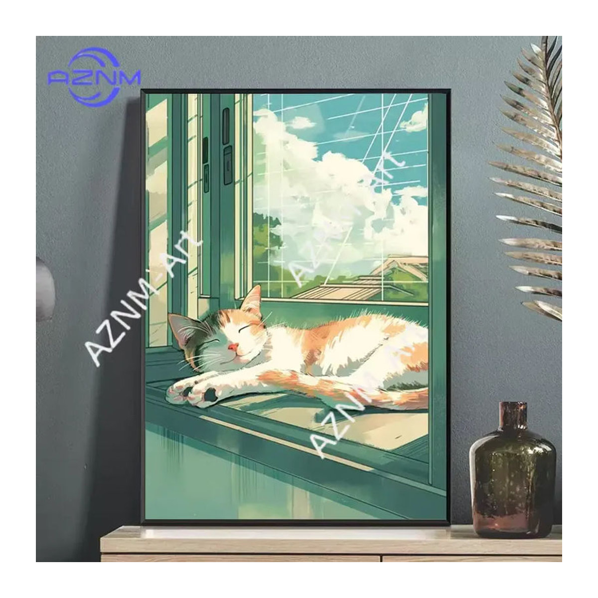 KAYOU Leinwanddruck Cartoon-Poster mit schlafender Katze auf der Fensterbank, mehrfarbige Wandkunst für dein Wohnzimmer und deine Heimdekoration, Hochformat, rechteckig, rahmenlos - Bild 3