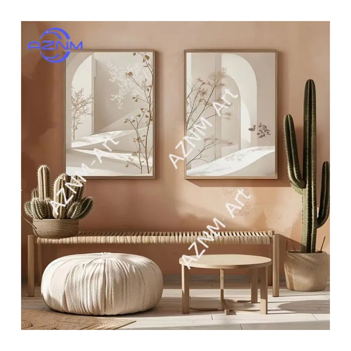 KAYOU Leinwanddruck mit abstrakter Bogen-Landschaft in Beige, Bohemian Wandkunst mit geometrischen Blättern für dein modernes Zuhause - Bild 1