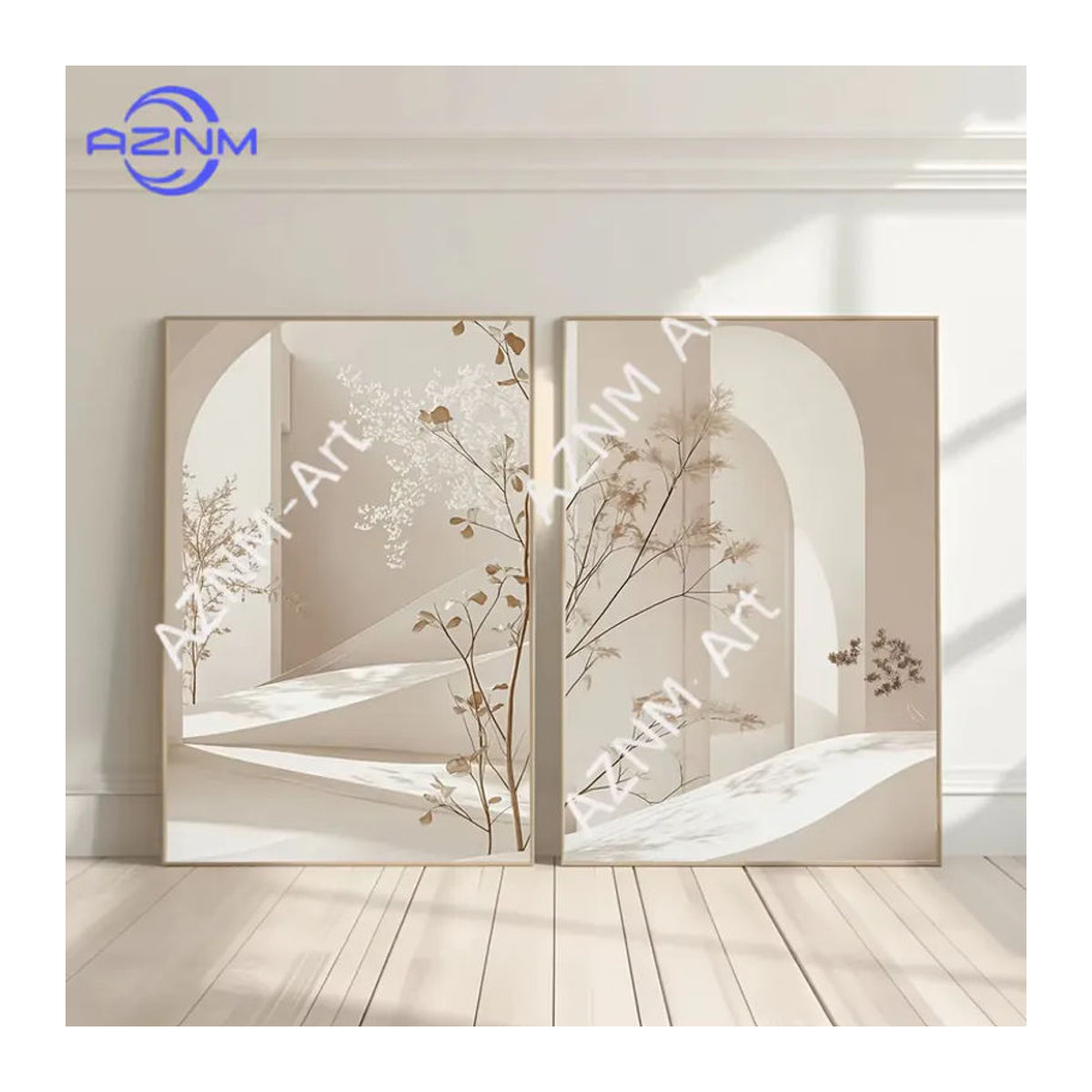 KAYOU Leinwanddruck mit abstrakter Bogen-Landschaft in Beige, Bohemian Wandkunst mit geometrischen Blättern für dein modernes Zuhause - Bild 2