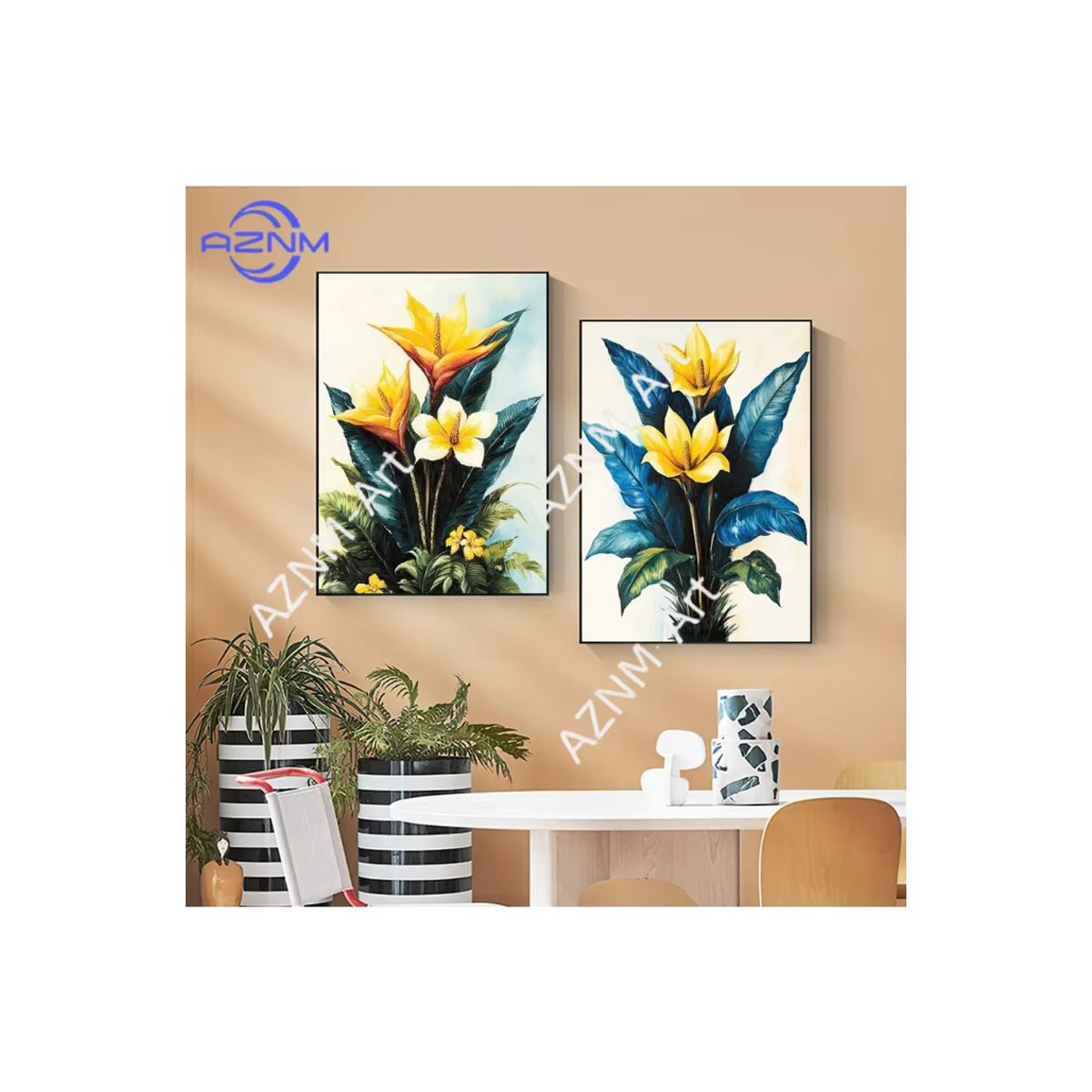 KAYOU Leinwandgemälde mit tropischen Pflanzen und goldenen Blütenblättern in Grün und Gold, minimalistisches florales Wandbild im Hochformat - Bild 2