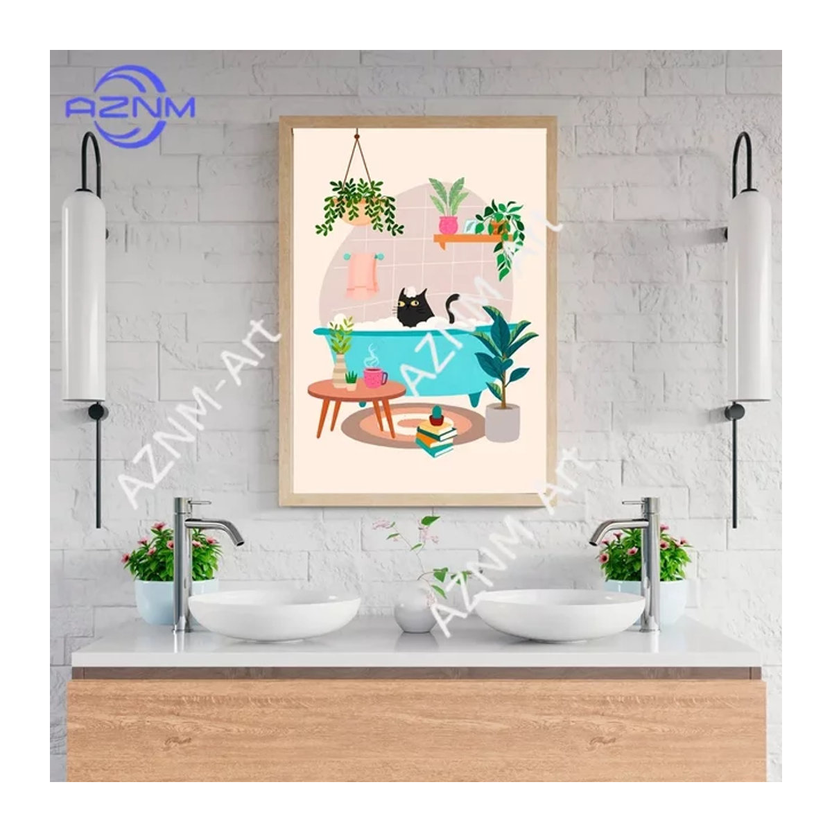 KAYOU Leinwandposter Schwarze Katze im Schaumbad, Abstraktes Wandbild für das Badezimmer, ungerahmt, Hochformat, Breite: 50 cm, Höhe: 70 cm - Bild 1