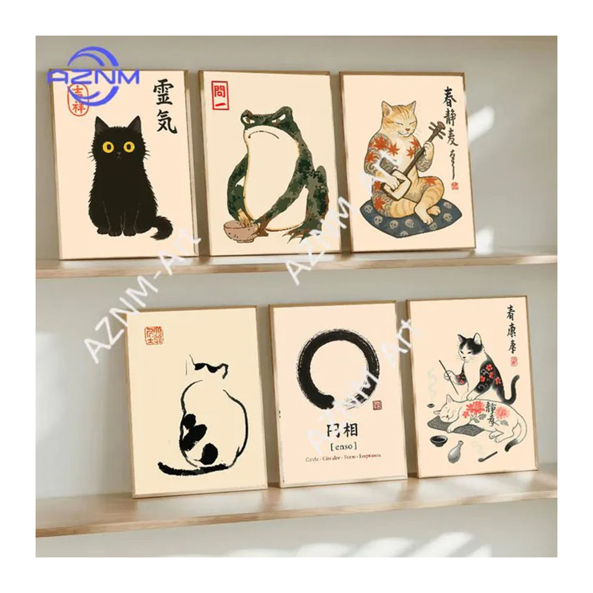 KAYOU Minimalistisches Katzen-Tuschegemälde als Leinwanddruck in Schwarz und Weiß mit Motiv einer Katze und Shamisen zur Raumdekoration - Bild 1