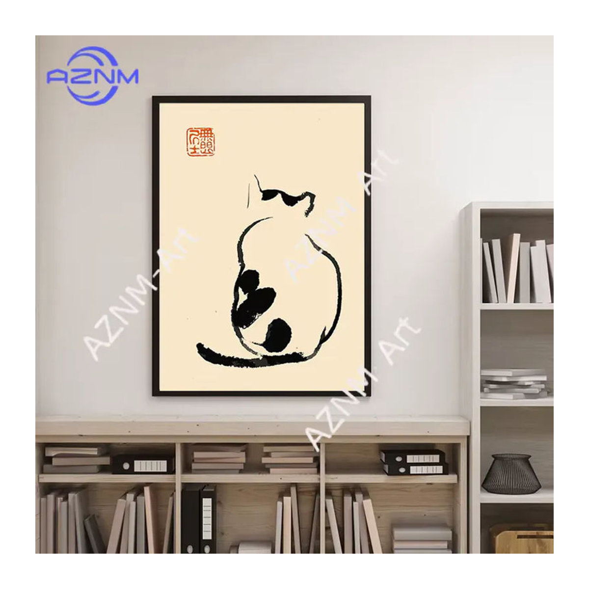 KAYOU Minimalistisches Katzen-Tuschegemälde als Leinwanddruck in Schwarz und Weiß mit Motiv einer Katze und Shamisen zur Raumdekoration - Bild 2
