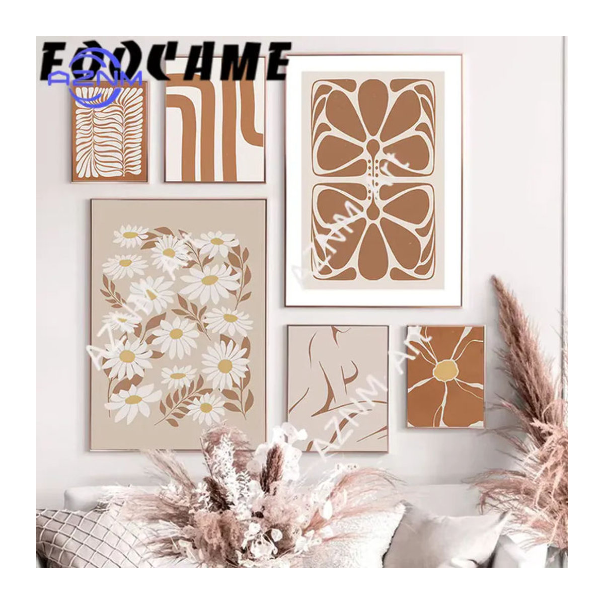 KAYOU Minimalistisches Leinwandgemälde mit abstrakten floralen Gänseblümchen in Beige, Rechteckiges Wandbild aus Holz für deine Dekoration - Bild 4