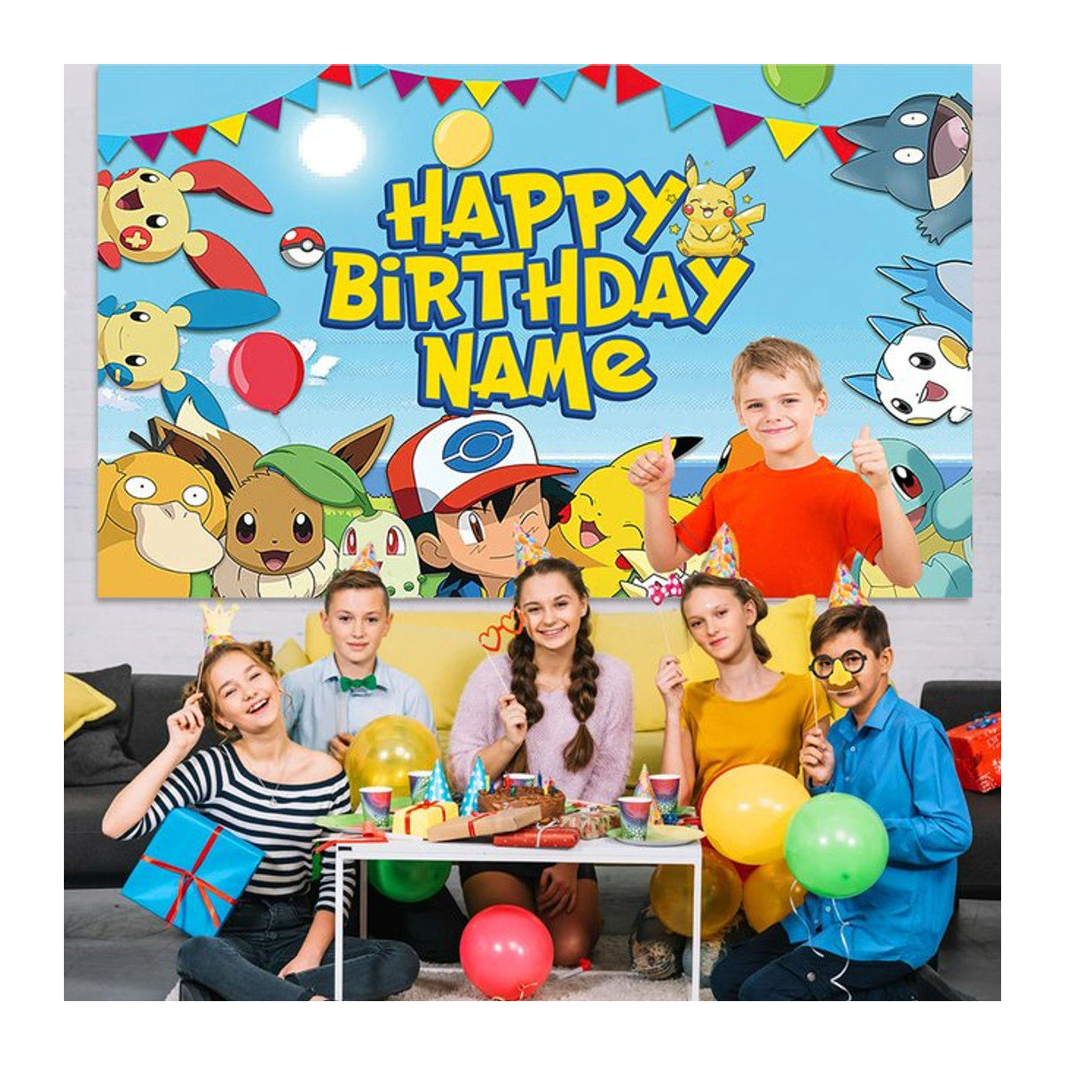 KAYOU Pikachu Pokemon Geburtstag Banner mit personalisiertem Namen für Kinder Party Dekoration, mehrfarbig, rechteckig - Bild 1