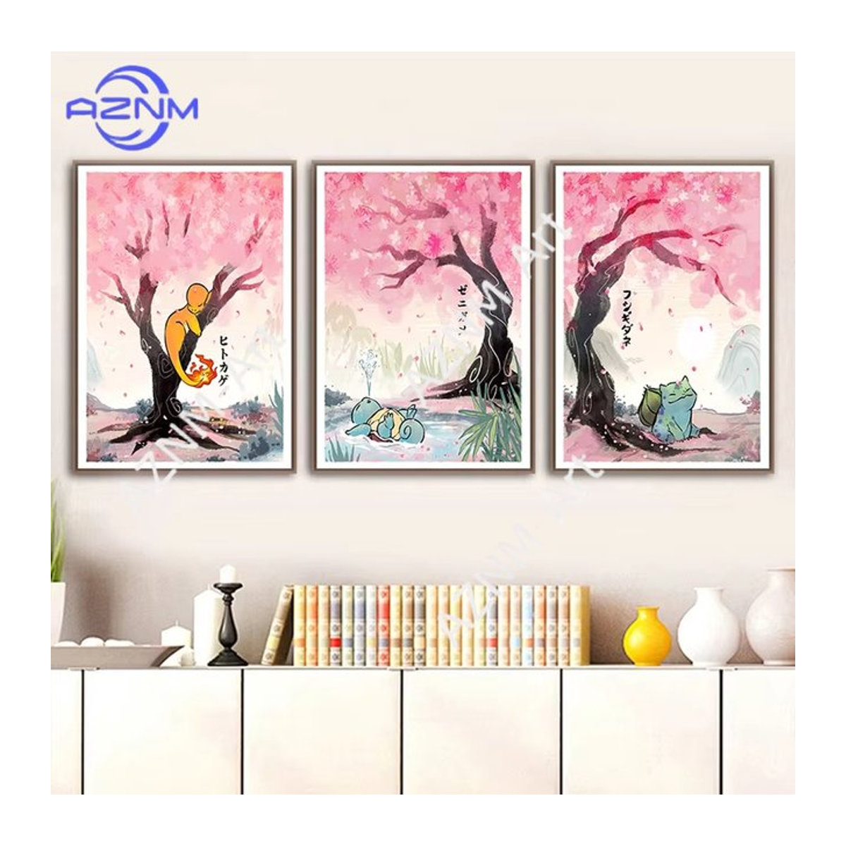 KAYOU Pokemon Anime Leinwandposter mit Pikachu, Bulbasaur und Squirtle in Rosa mit floralem Design für deine Wanddekoration - Bild 1