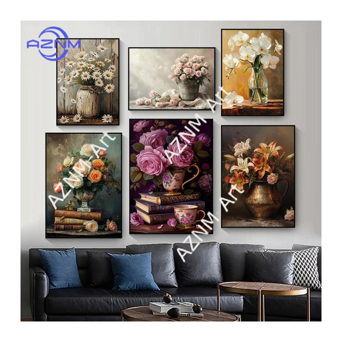 KAYOU Retro Blumenstrauß Wandkunst Leinwandgemälde mit rosa Rosen in floralem Stillleben Design, mehrfarbig, Hochformat, rahmenlos - Bild 1