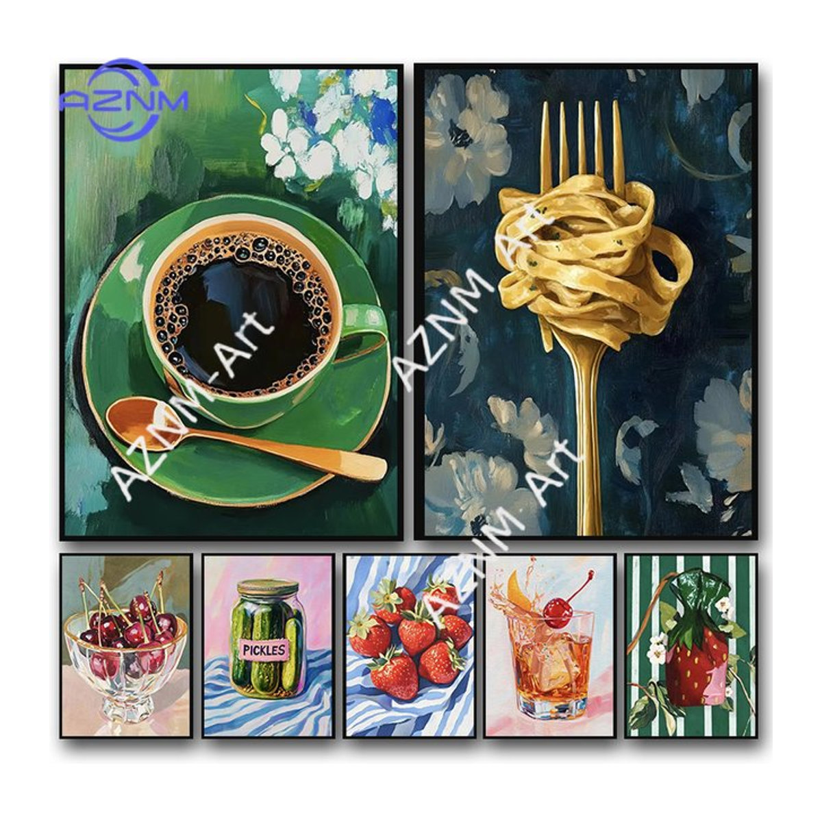 KAYOU Retro Wandkunst Leinwandgemälde mit Zitrusfrüchten, Pasta und eingelegtem Gemüse in Mehrfarbig, Hochformat - Bild 1