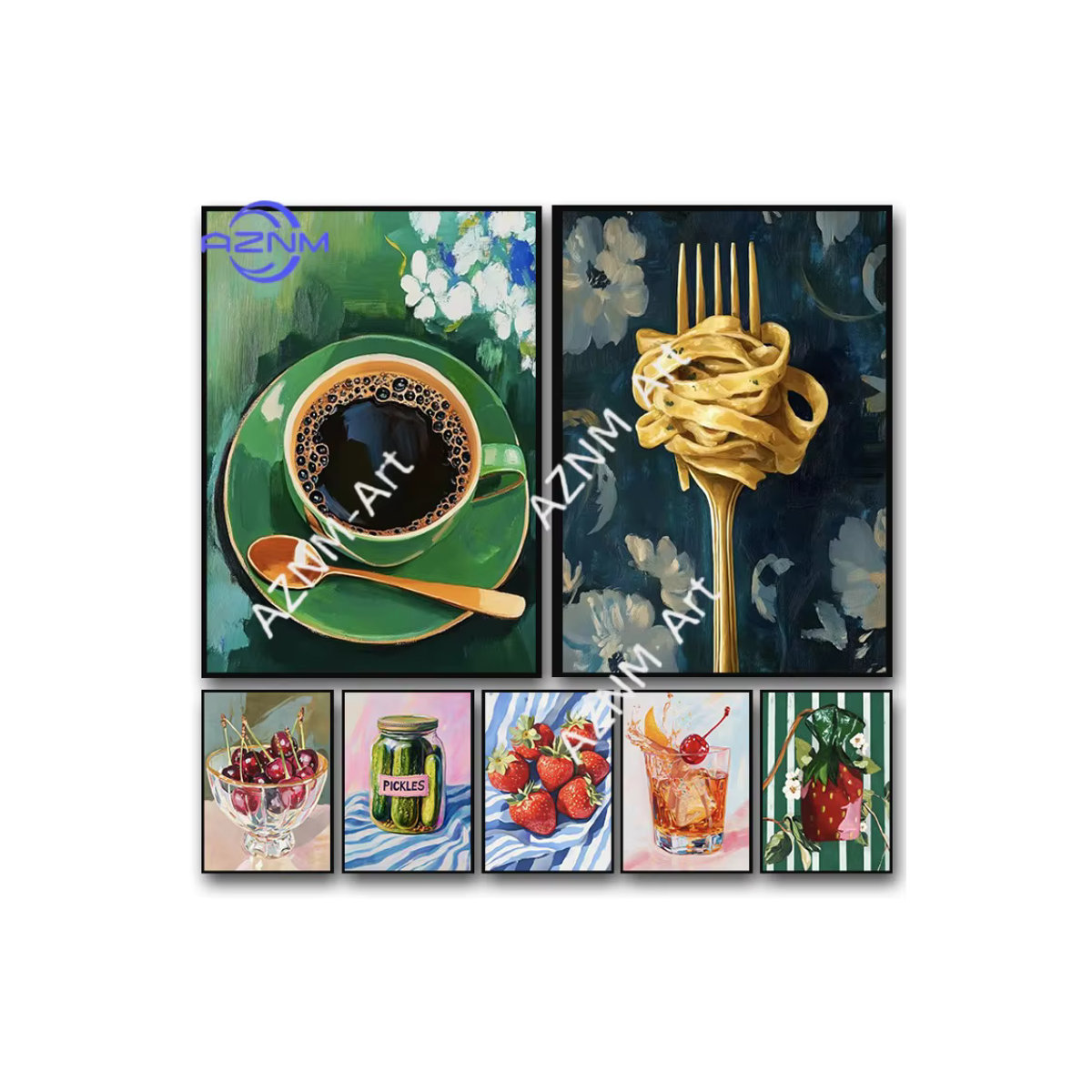 KAYOU Retro Wandkunst Leinwandgemälde mit Zitrusfrüchten, Pasta und eingelegtem Gemüse in Mehrfarbig, Hochformat - Bild 2