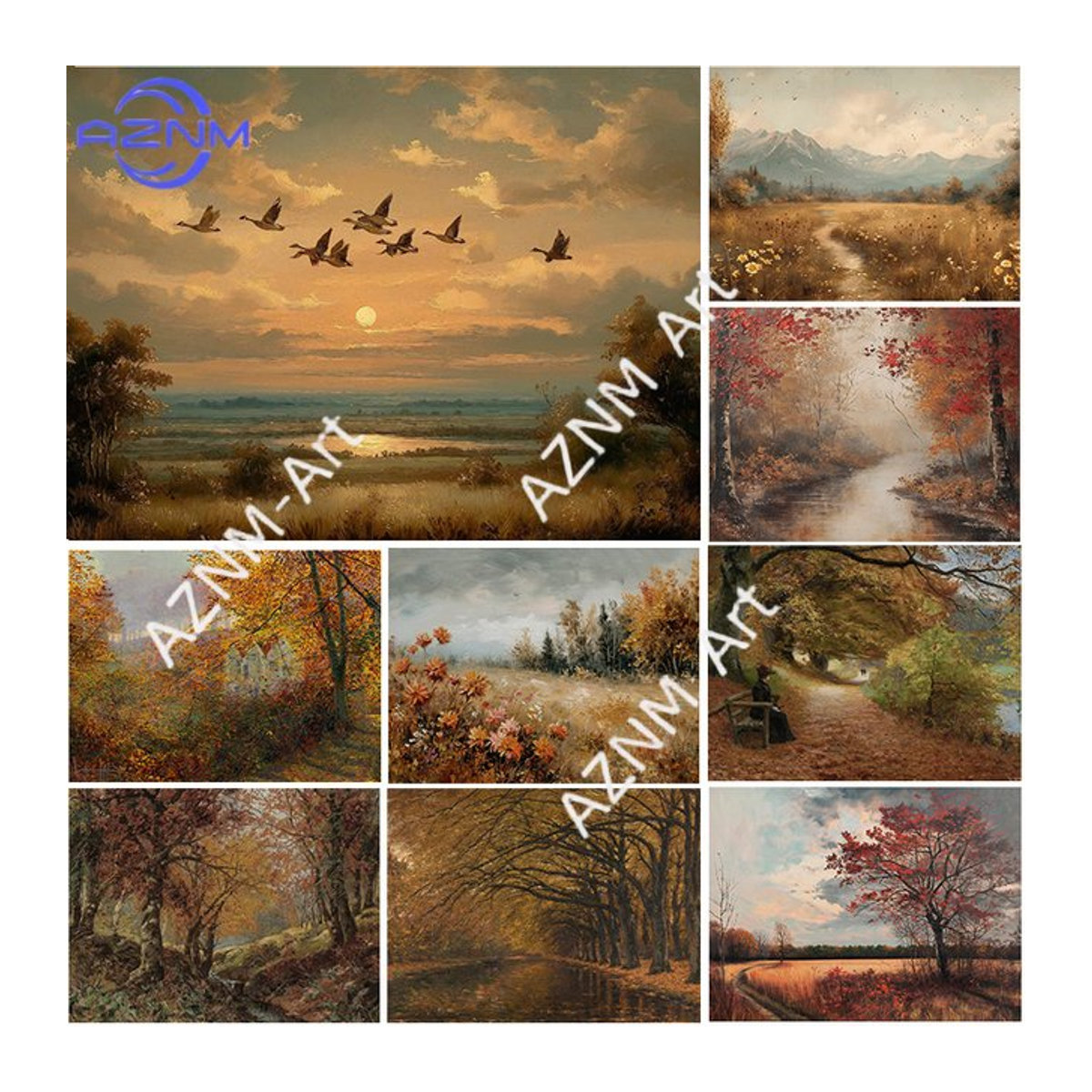 KAYOU Vintage-Ölgemälde Herbstliche Landschaft mit Bäumen und Feldern als mehrfarbiger Leinwanddruck im Querformat zur Wandmontage - Bild 1