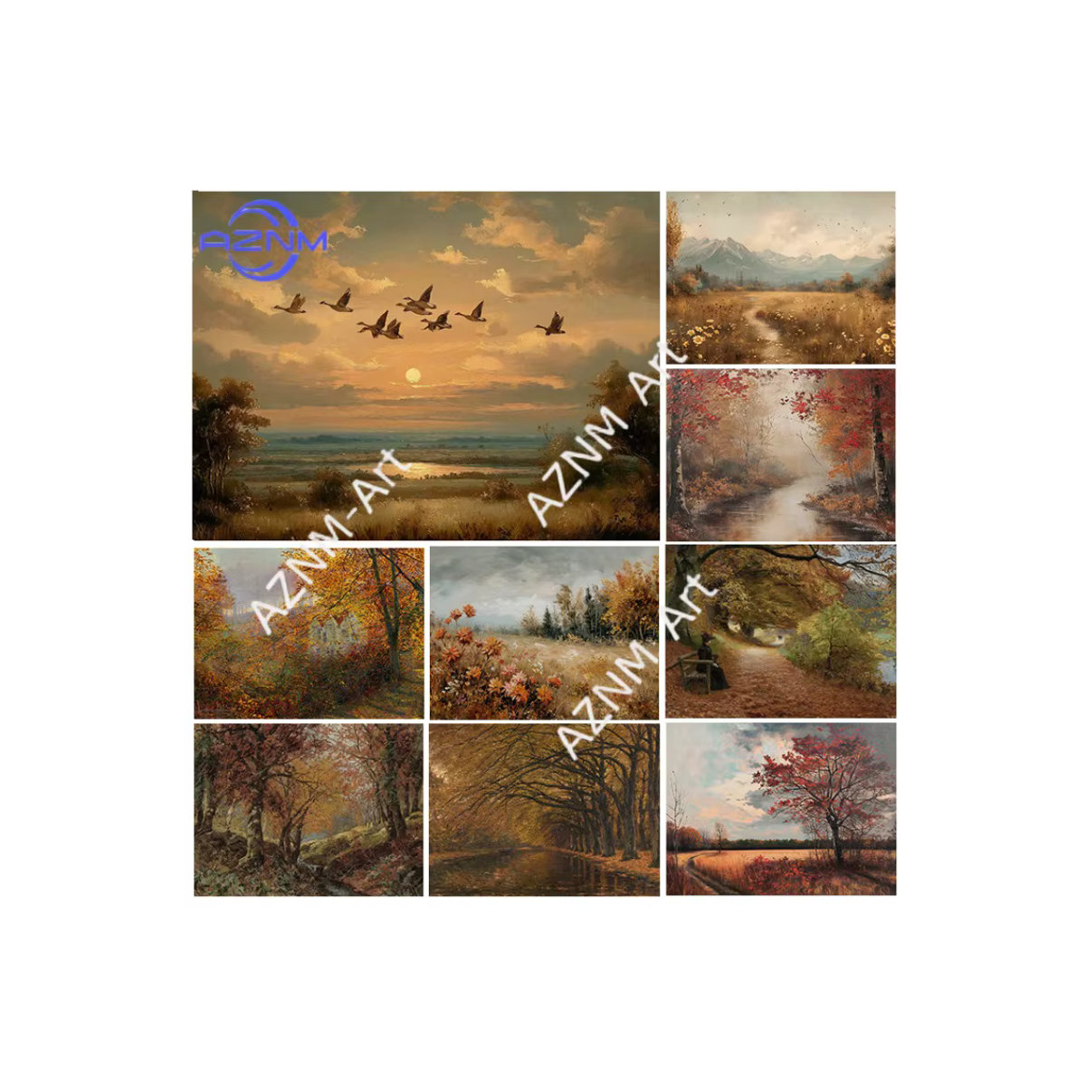 KAYOU Vintage-Ölgemälde Herbstliche Landschaft mit Bäumen und Feldern als mehrfarbiger Leinwanddruck im Querformat zur Wandmontage - Bild 4