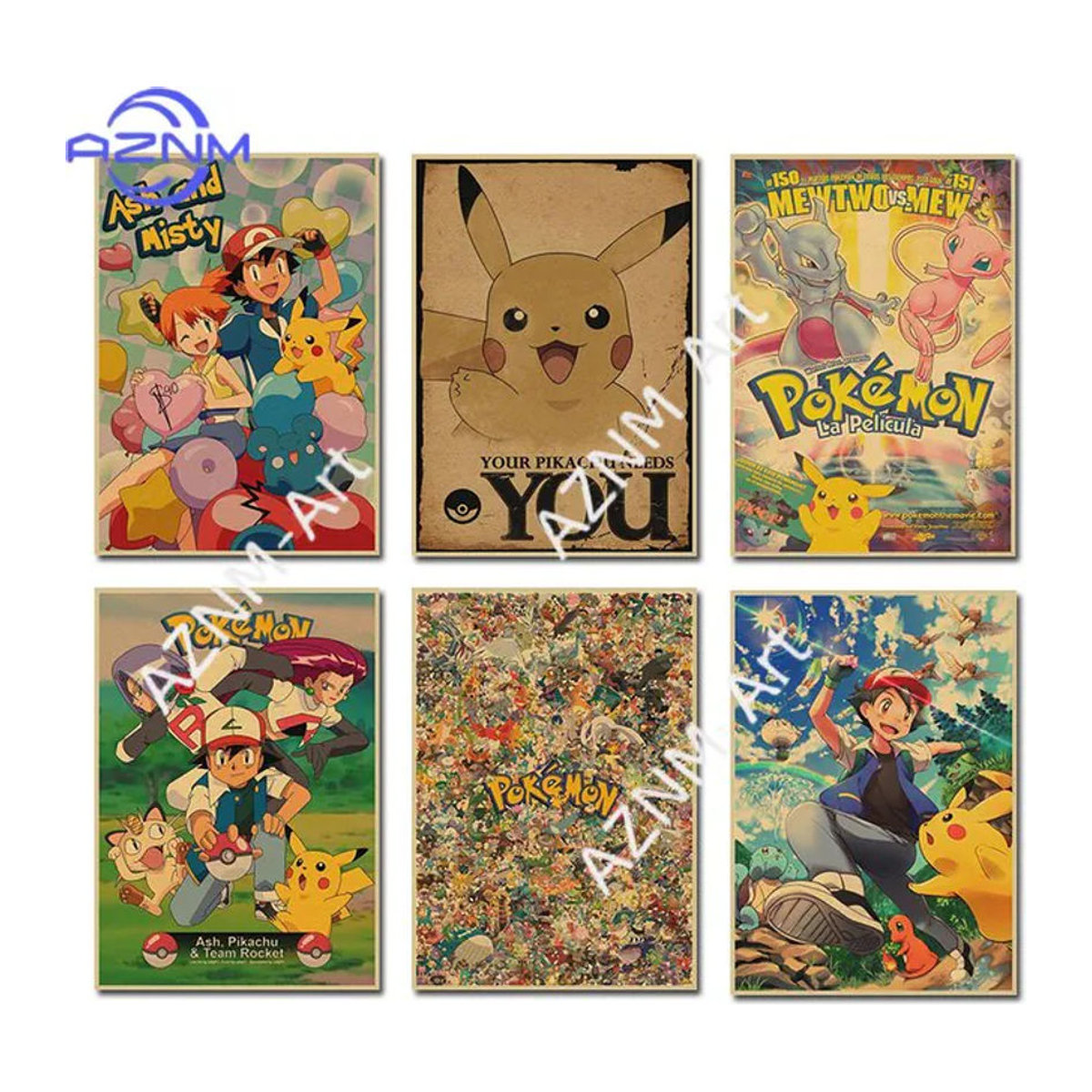 KAYOU Vintage Pokemon Leinwandgemälde mit Pikachu und Bulbasaur als mehrfarbiges Wandbild für die Kinderzimmer Dekoration - Bild 1