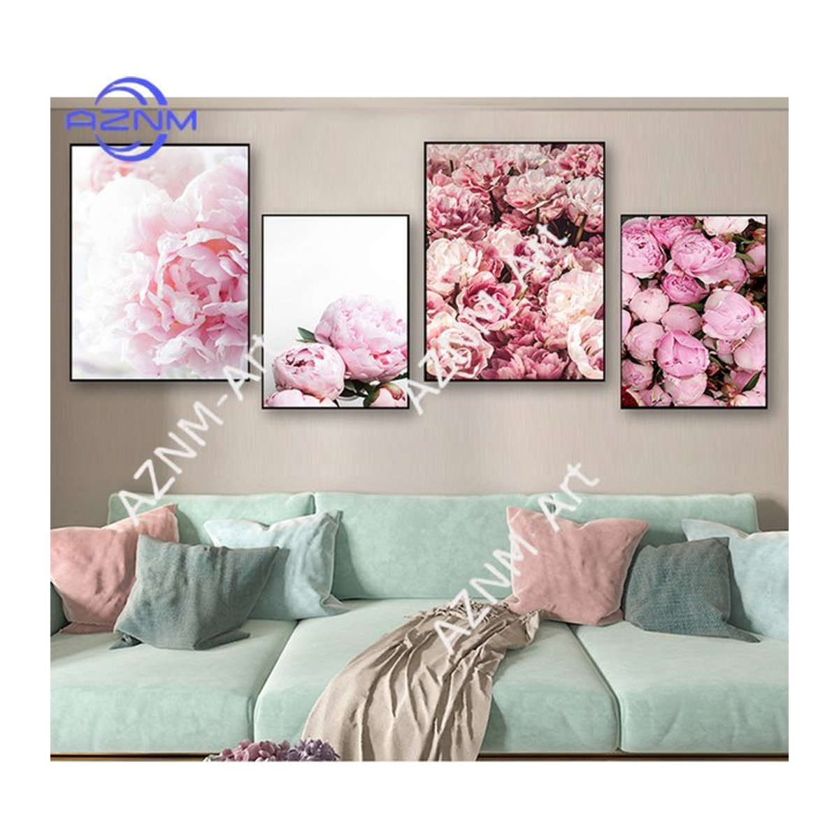 KAYOU Wandkunst Leinwandbild mit rosa Pfingstrosen im skandinavischen Design, florales Wandgemälde in Hochformat und rechteckiger Form, rahmenlos - Bild 1