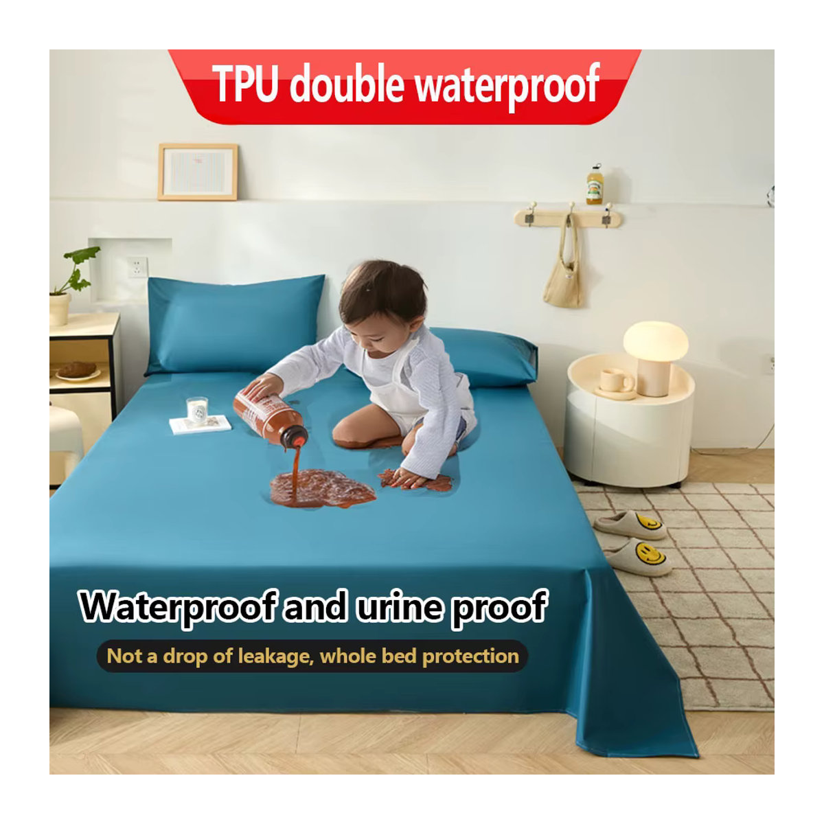 KDJEIKZ Wasserdichtes Bettlaken in Blau zur Inkontinenzprävention, mattiertes und waschbares Harnpolster als Tagesdecke - Bild 2