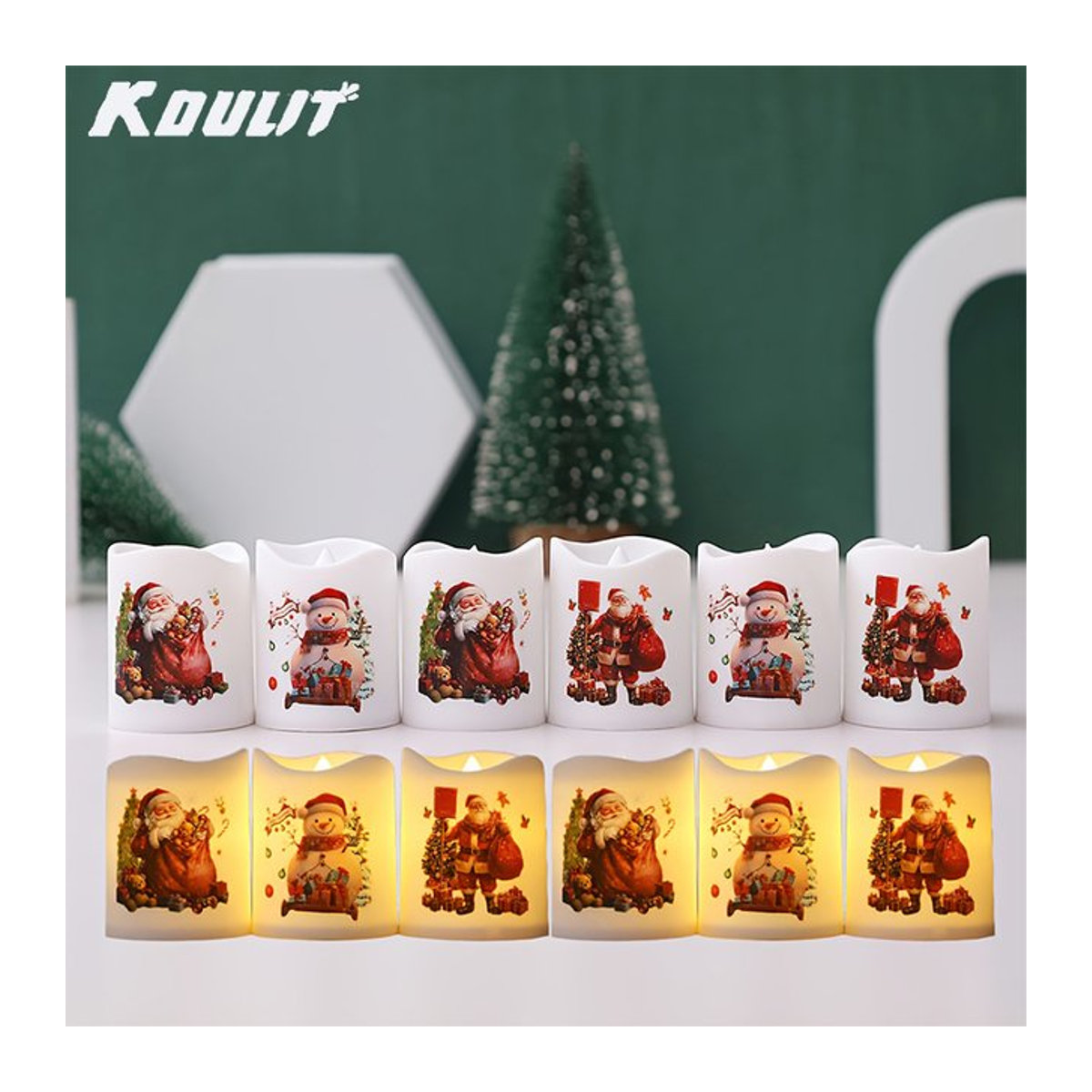 KDULIT Batteriebetriebene LED-Votivkerzen in Weiß mit Flackereffekt und Weihnachtsdesign, 12er Set - Bild 1