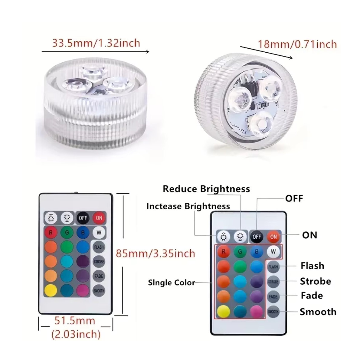 KDULIT Buntes 3-LED-Unterwasserlicht mit Fernbedienung und Knopfzellen zur Dekoration von Schwimmbecken - Bild 3