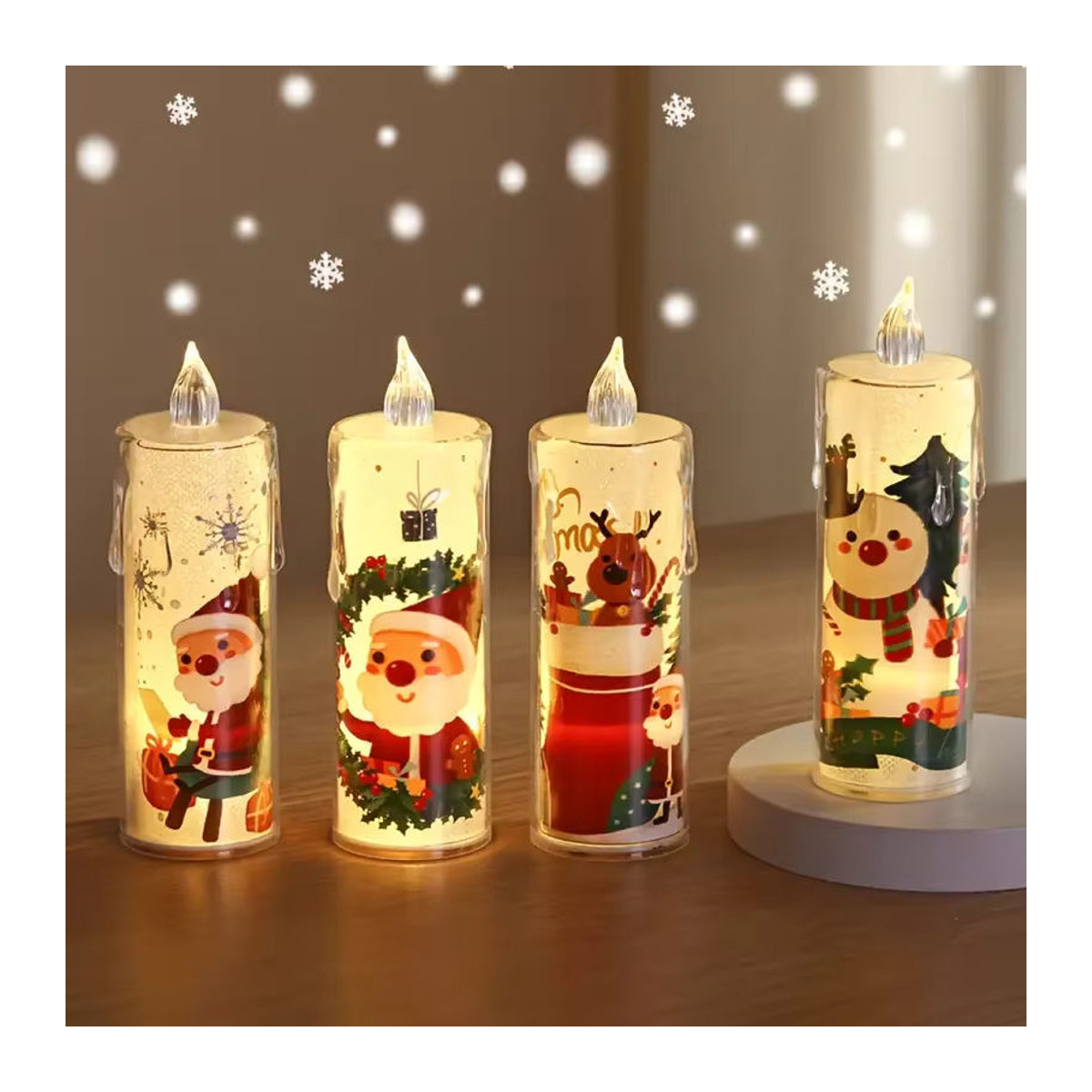KDULIT LED Weihnachtsdekoration Set mit 4 Figurenkerzen in Santa Claus und Schneemann Design, mehrfarbig, elektrisch mit Flackereffekt - Bild 1