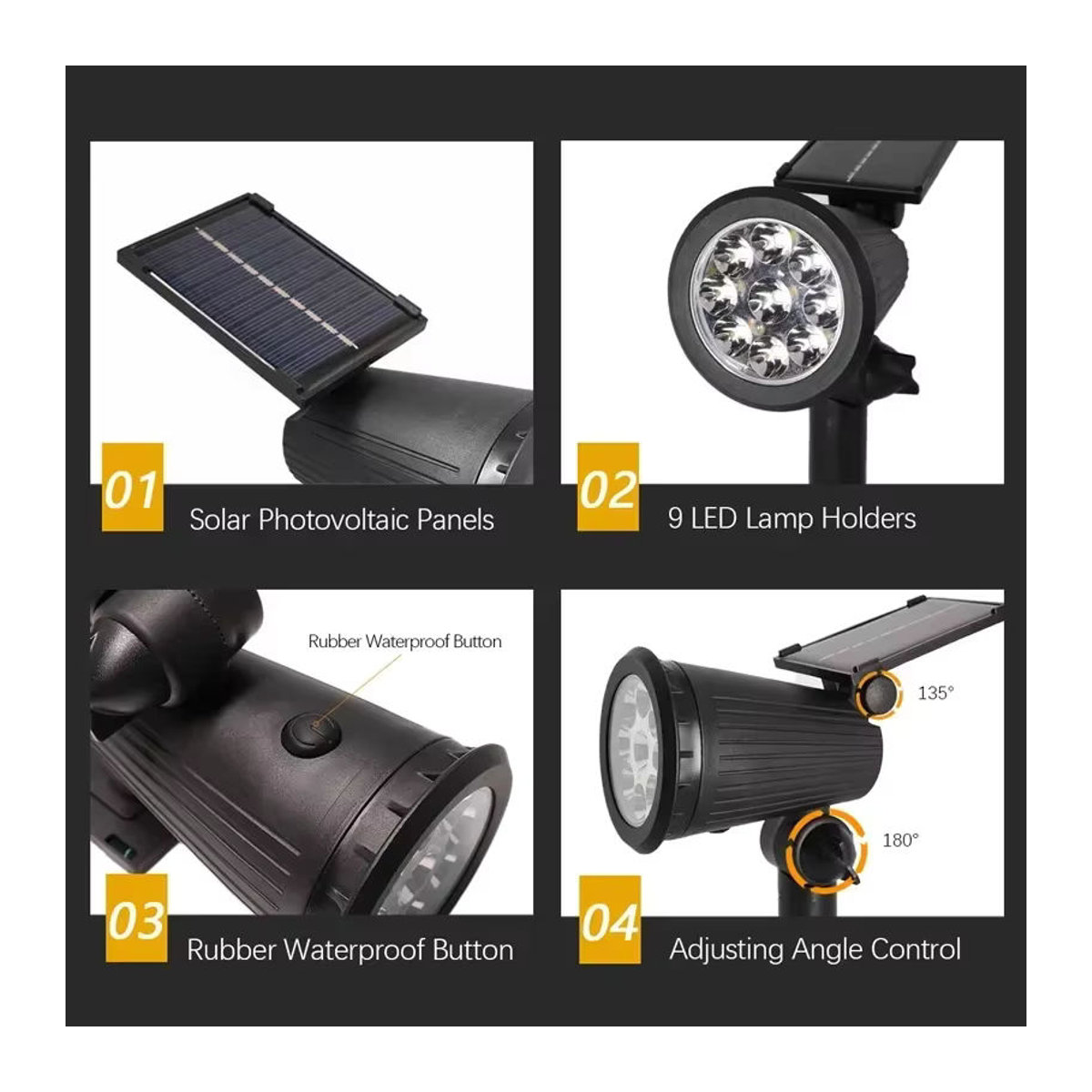 KDULIT Solarleuchte mit 9 LED für Garten und Hof, IP65 wasserdicht, Schwarz, Modernes Design - Bild 4
