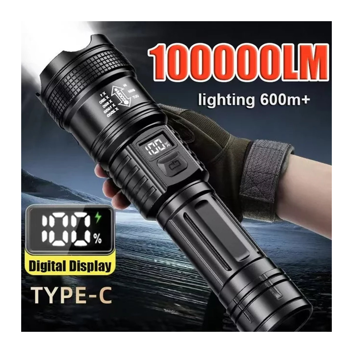 KDULIT Taktische LED Taschenlampe mit 10000LM High Power, wiederaufladbar und mit Zoom für Outdoor, Camping und Notfälle - Bild 1