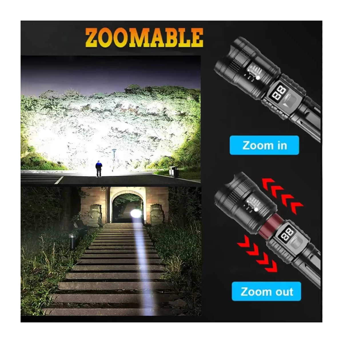 KDULIT Taktische LED Taschenlampe mit 10000LM High Power, wiederaufladbar und mit Zoom für Outdoor, Camping und Notfälle - Bild 5