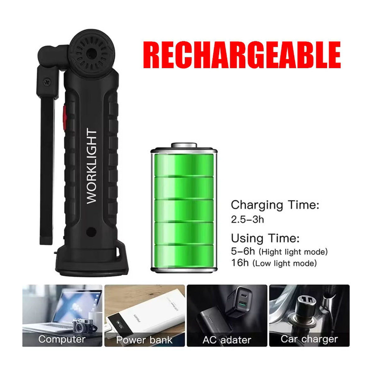 KDULIT Tragbare LED-Taschenlampe mit Magnethaken, Wiederaufladbare Typ-C Arbeitsleuchte für Outdoor, Camping und Reparaturen - Bild 4