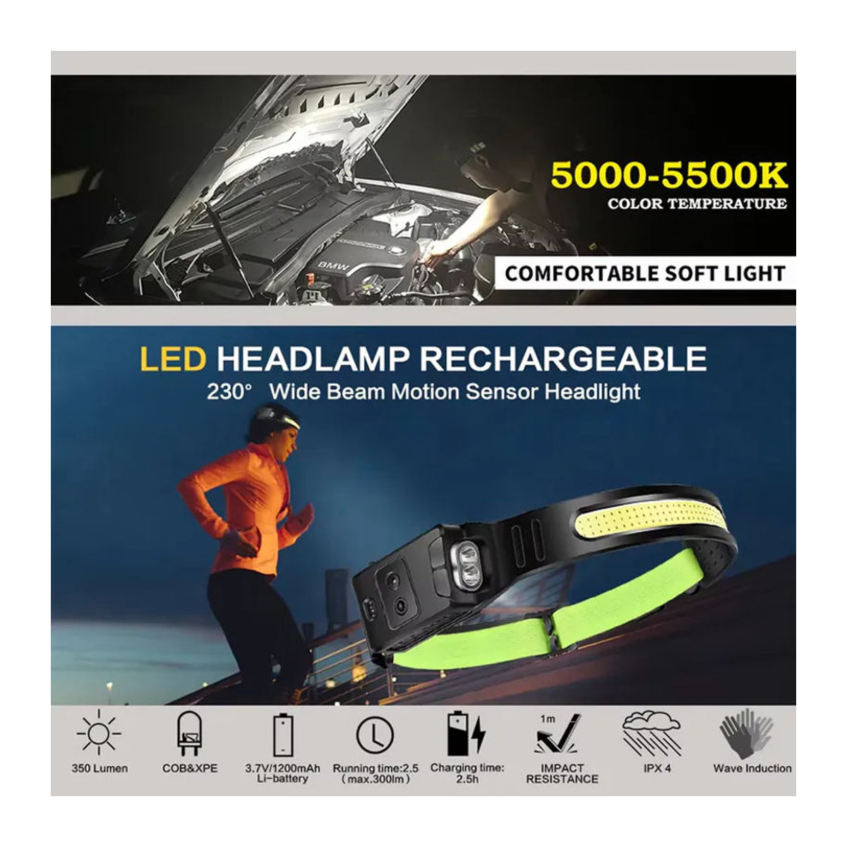 KDULIT USB wiederaufladbarer COB Sensor LED Scheinwerfer mit 1200mAh Akku für Outdoor Camping und Angeln in Blau und Gelb - Bild 3