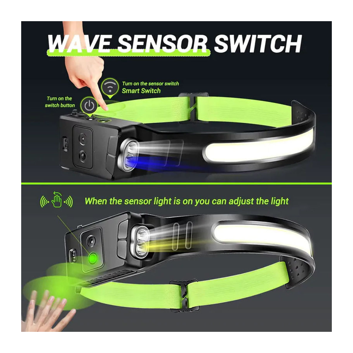 KDULIT USB wiederaufladbarer COB Sensor LED Scheinwerfer mit 1200mAh Akku für Outdoor Camping und Angeln in Blau und Gelb - Bild 4
