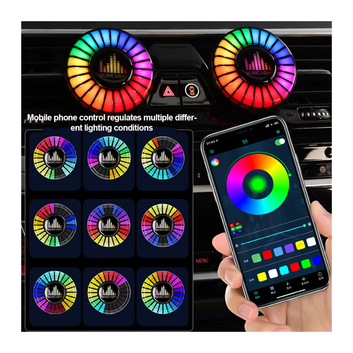 KEBETEME Auto Lufterfrischer mit RGB Musik Rhythmus Lampe und Aromatherapie für die Lüftung, mehrfarbig - Bild 3