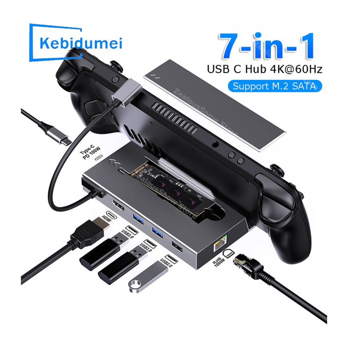 kebidumei 7-in-1 USB C Dockingstation für Steam Deck und Nintendo Switch, M.2 SSD Typ C HUB mit 4K@60Hz, RJ45 Gigabit Ethernet, PD 100W und USB 3.0, alufarben - Bild 1