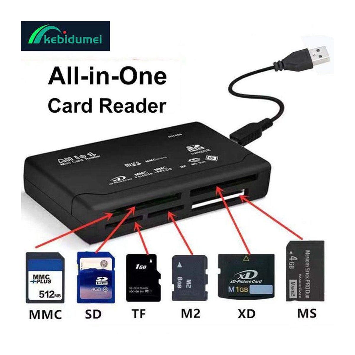 Kebidumei All-in-One USB-Kartenleser Schwarz mit 480 Mbit/s für SD, SDHC, MMC, M2, MS, XD, CF und TF - Bild 1